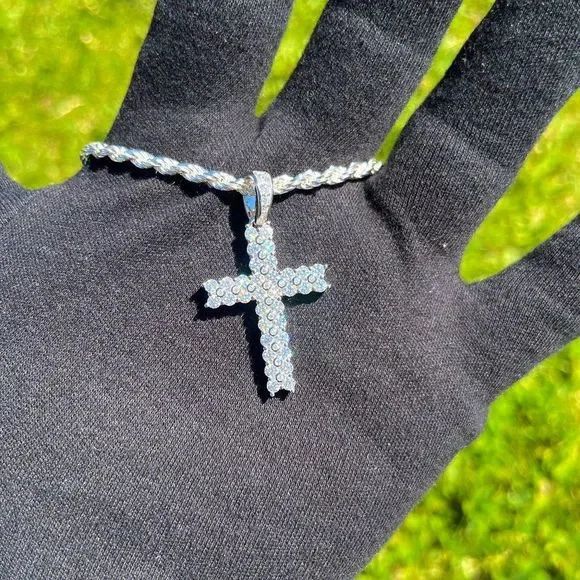 2 Row VVS1 Moissanite Cross Pendant Men Women, 18k White Gold Plated 925 Silver - Picture 4 of 7